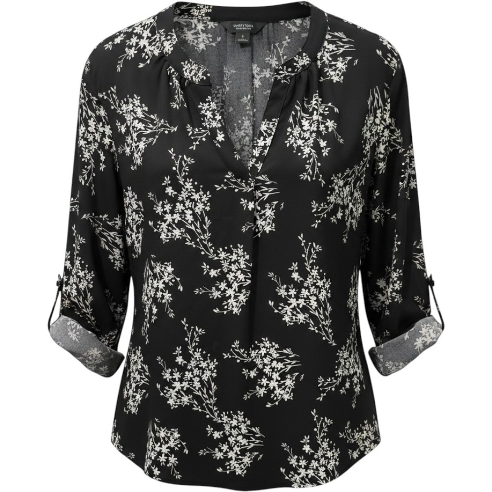 Simply Vera Vera Wang Black White Floral Roll Tab‎ Sleeve Blouse Small